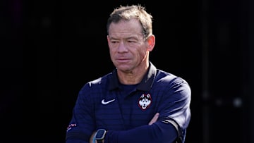 Nov 1, 2025; East Hartford, Connecticut, USA;  UConn Huskies head coach Jim Mora before the start of the game against the UAB Blazers at Pratt & Whitney Stadium at Rentschler Field. Mandatory Credit: David Butler II-Imagn Images