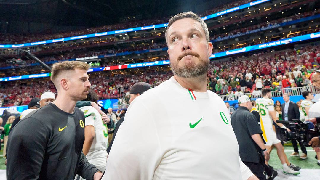 Oregon head coach Dan Lanning walks off the field after the Ducks’ loss as the Oregon Ducks face the Indiana Hoosiers in the Peach Bowl on Jan. 9, 2026, at Mercedes-Benz Stadium in Atlanta, Georgia.