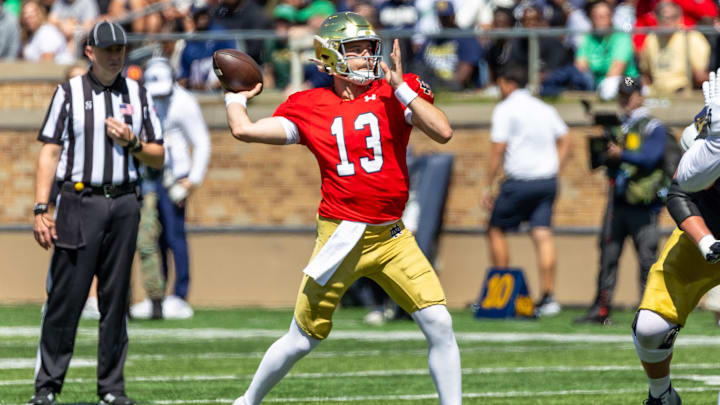 Apr 25, 2026; Notre Dame, IN, USA; Notre Dame Fighting Irish quarterback CJ Carr (13) throws a pass during the Blue-Gold game at Notre Dame Stadium. Mandatory Credit: Michael Caterina-Imagn Images