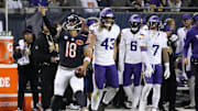 Sep 8, 2025; Chicago, Illinois, USA; Chicago Bears quarterback Caleb Williams (18) reacts against the Minnesota Vikings during the second half at Soldier Field.