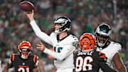 Aug 7, 2025; Philadelphia, Pennsylvania, USA; Philadelphia Eagles quarterback Tanner McKee (16) throws a pass against the Cincinnati Bengals during the second quarter at Lincoln Financial Field. Mandatory Credit: Eric Hartline-Imagn Images