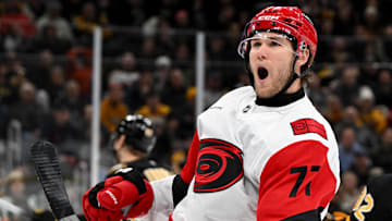 Nov 17, 2025; Boston, Massachusetts, USA; Carolina Hurricanes left wing Mark Jankowski (77) reacts after scoring a goal against the Boston Bruins during the second period at the TD Garden. Mandatory Credit: Brian Fluharty-Imagn Images