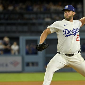Los Angeles Dodgers starting pitcher Clayton Kershaw (22) throws the pitch for his 3000th strike out during the fifth inning against the Chicago White Sox at Dodger Stadium.