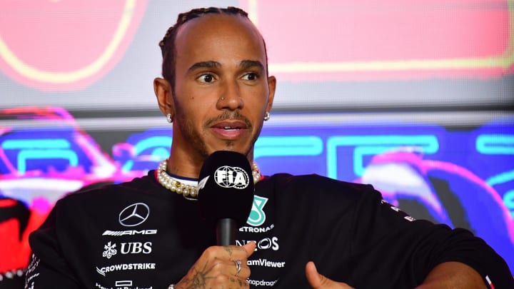 Nov 15, 2023; Las Vegas, Nevada, USA; Mercedes AMG Petronas driver Lewis Hamilton of Great Britain speaks during media availabilities at Las Vegas Strip Circuit. Mandatory Credit: Gary A. Vasquez-USA TODAY Sports