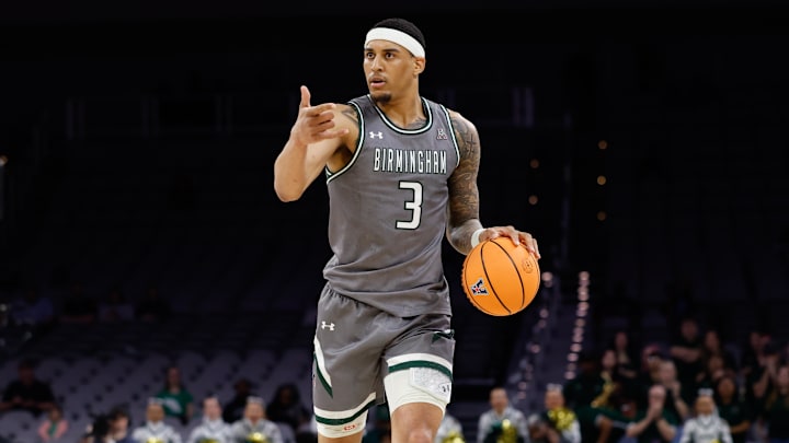 Mar 15, 2025; Fort Worth, TX, USA;  UAB Blazers forward Yaxel Lendeborg (3) dribbles the ball upcourt against the North Texas Mean Green during the first half at Dickies Arena. Mandatory Credit: Chris Jones-Imagn Images