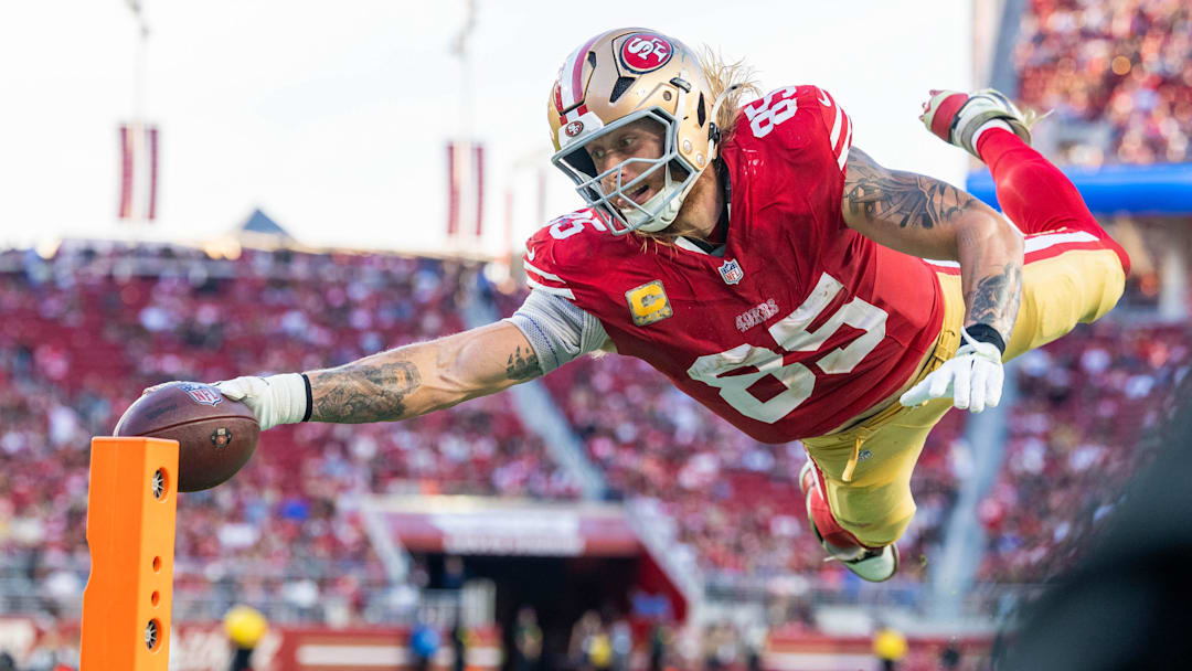 November 9, 2025; Santa Clara, California, USA; San Francisco 49ers tight end George Kittle (85) scores a touchdown during the fourth quarter against the Los Angeles Rams at Levi's Stadium. Mandatory Credit: Kyle Terada-Imagn Images