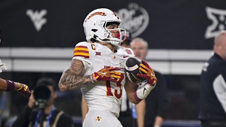Dec 7, 2024; Arlington, TX, USA; Iowa State Cyclones wide receiver Jaylin Noel (13) in action during the game between the Iowa State Cyclones and the Arizona State Sun Devils at AT&T Stadium. Mandatory Credit: Jerome Miron-Imagn Images Dec 7, 2024; Arlington, TX, USA; Iowa State Cyclones wide receiver Jaylin Noel (13) in action during the game between the Iowa State Cyclones and the Arizona State Sun Devils at AT&T Stadium. Mandatory Credit: Jerome Miron-Imagn Images