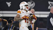 Dec 7, 2024; Arlington, TX, USA; Iowa State Cyclones wide receiver Jaylin Noel (13) in action during the game between the Iowa State Cyclones and the Arizona State Sun Devils at AT&T Stadium. Mandatory Credit: Jerome Miron-Imagn Images