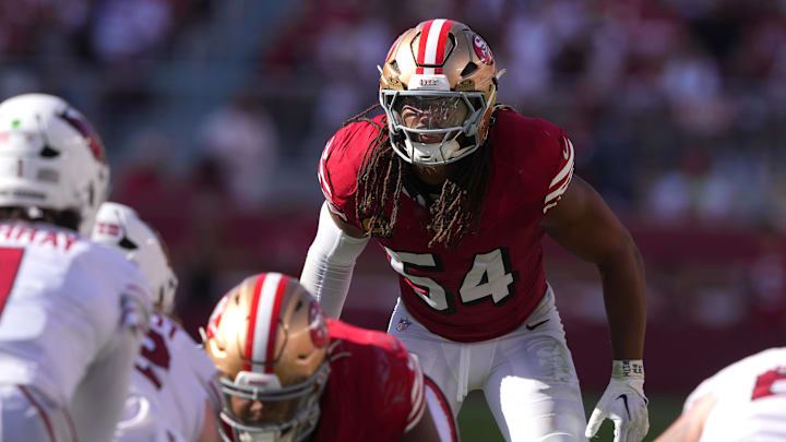 Oct 6, 2024; Santa Clara, California, USA; San Francisco 49ers linebacker Fred Warner (54) during the fourth quarter against the Arizona Cardinals at Levi's Stadium. Mandatory Credit: Darren Yamashita-Imagn Images Oct 6, 2024; Santa Clara, California, USA; San Francisco 49ers linebacker Fred Warner (54) during the fourth quarter against the Arizona Cardinals at Levi's Stadium. Mandatory Credit: Darren Yamashita-Imagn Images