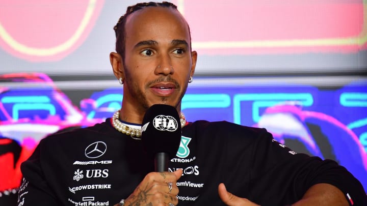 Nov 15, 2023; Las Vegas, Nevada, USA; Mercedes AMG Petronas driver Lewis Hamilton of Great Britain speaks during media availabilities at Las Vegas Strip Circuit. Mandatory Credit: Gary A. Vasquez-USA TODAY Sports