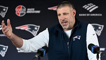 Mar 13, 2025; Foxborough, MA, USA; New England Patriots head coach Mike Vrabel discusses the teamís recent free agent additions with the media at Gillette Stadium. Mandatory Credit: Eric Canha-Imagn Images