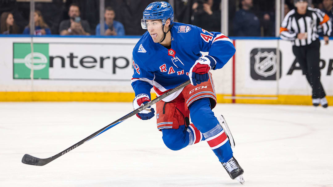 Apr 5, 2026; New York, New York, USA; New York Rangers center Noah Laba (42) skates against the Washington Capitals during the first period at Madison Square Garden.