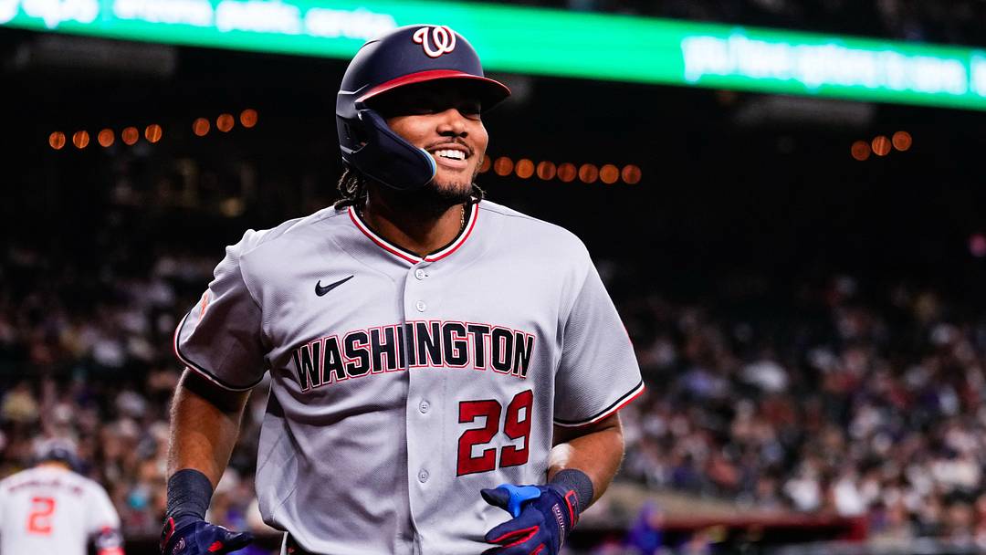 Jun 5, 2026; Phoenix, Arizona, USA; Washington Nationals right fielder James Wood (29) smiles after hitting a solo home run during the third inning at Chase Field against the Arizona Diamondbacks. Mandatory Credit: Arianna Grainey-Imagn Images