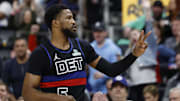 Mar 15, 2025; Detroit, Michigan, USA;  Detroit Pistons guard Malik Beasley (5) celebrates in the first half against the Oklahoma City Thunder at Little Caesars Arena. Mandatory Credit: Rick Osentoski-Imagn Images