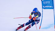 Nov 30, 2024; Killington, Vermont, USA; Mikaela Shiffrin of the United States in the first run of the women's giant slalom at the Stifel Killington Cup alpine skiing race at Killington Resort. Mandatory Credit: Marc DesRosiers-Imagn Images