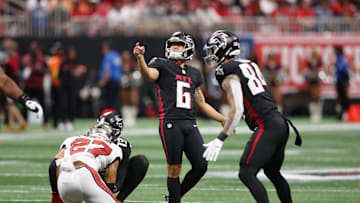 Sep 7, 2025; Atlanta, Georgia, USA; Atlanta Falcons place kicker Younghoe Koo (6) watches his kick against the Tampa Bay Buccaneers during the second quarter at Mercedes-Benz Stadium. Mandatory Credit: Brett Davis-Imagn Images