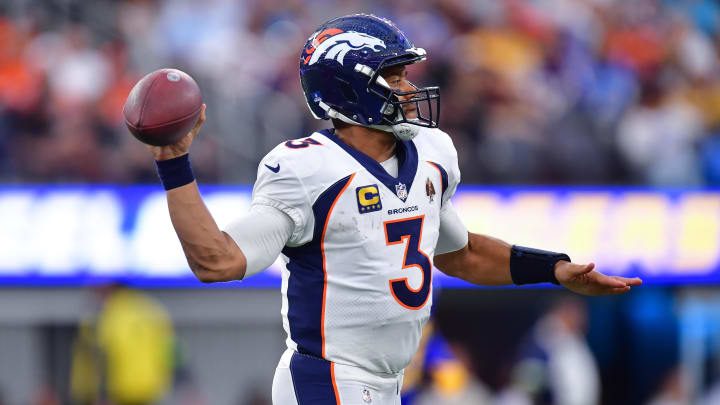 Dec 10, 2023; Inglewood, California, USA; Denver Broncos quarterback Russell Wilson (3) throws against the Los Angeles Chargers during the second half at SoFi Stadium. Mandatory Credit: Gary A. Vasquez-USA TODAY Sports