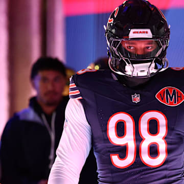 Oct 19, 2025; Chicago, Illinois, USA; Chicago Bears defensive end Montez Sweat (98) takes the field before the game against the New Orleans Saints at Soldier Field. Mandatory Credit: Mike Dinovo-Imagn Images
