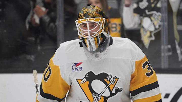 Jan 27, 2025; San Jose, California, USA;  Pittsburgh Penguins goalie Joel Blomqvist (30) warms up before the game against the San Jose Sharks at SAP Center at San Jose.