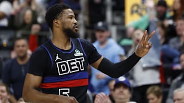 Mar 15, 2025; Detroit, Michigan, USA;  Detroit Pistons guard Malik Beasley (5) celebrates in the first half against the Oklahoma City Thunder at Little Caesars Arena. Mandatory Credit: Rick Osentoski-Imagn Images
