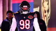 Oct 19, 2025; Chicago, Illinois, USA; Chicago Bears defensive end Montez Sweat (98) takes the field before the game against the New Orleans Saints at Soldier Field. Mandatory Credit: Mike Dinovo-Imagn Images