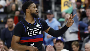 Mar 15, 2025; Detroit, Michigan, USA;  Detroit Pistons guard Malik Beasley (5) celebrates in the first half against the Oklahoma City Thunder at Little Caesars Arena. Mandatory Credit: Rick Osentoski-Imagn Images