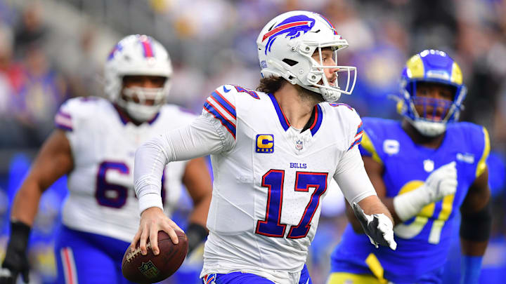 Dec 8, 2024; Inglewood, California, USA; Buffalo Bills quarterback Josh Allen (17) moves out to pass against the Los Angeles Rams during the first half at SoFi Stadium. Dec 8, 2024; Inglewood, California, USA; Buffalo Bills quarterback Josh Allen (17) moves out to pass against the Los Angeles Rams during the first half at SoFi Stadium.