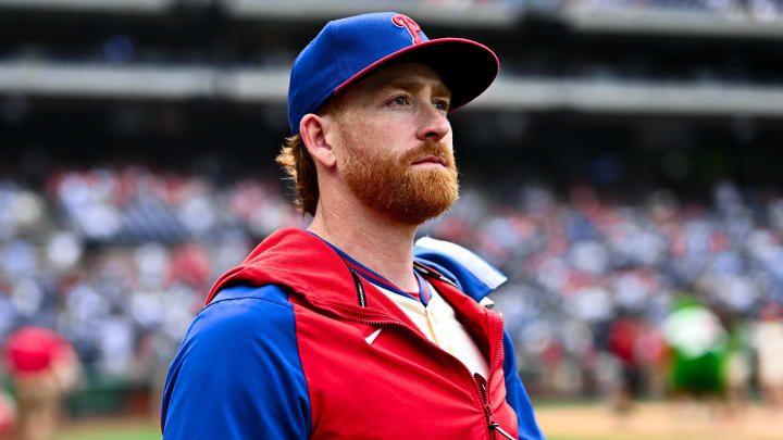 Jun 5, 2024; Philadelphia, Pennsylvania, USA; Philadelphia Phillies relief pitcher Spencer Turnbull (22) looks on before the game against the Milwaukee Brewers at Citizens Bank Park