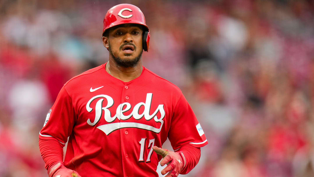 Cincinnati Reds center fielder Dane Myers (17) scores on an Elly De La Cruz single in the first inning of the MLB National League game between the Cincinnati Reds and the Colorado Rockies at Great American Ball Park in downtown Cincinnati on Tuesday, April 28, 2026. The Reds led 4-1 after three innings.