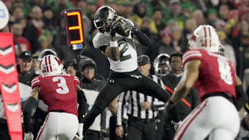 Oregon wide receiver Gary Bryant Jr. (2) makes a catch just short of a first down during the second quarter of their game against Wisconsin Saturday, November 16, 2024 at Camp Randall Stadium in Madison, Wisconsin.