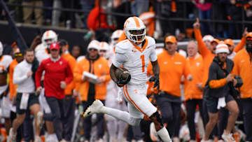 Tennessee wide receiver Dont'e Thornton Jr. (1) runs in a touchdown during the second quarter at FirstBank Stadium in Nashville, Tenn., Saturday, Nov. 30, 2024.