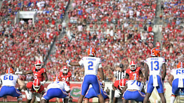 Nov 2, 2024; Jacksonville, Florida, USA; Florida Gators quarterback DJ Lagway (2) takes the snap against the Georgia Bulldogs during the first half at EverBank Stadium. Mandatory Credit: Melina Myers-Imagn Images