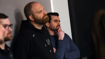 Dec 15, 2023; Memphis, TN, USA; Memphis Grizzlies head coach Taylor Jenkins (left) and general manager Zach Kleiman (right) listen as guard Ja Morant (not pictured) answers questions from media about his time away from the team during his 25 game suspension during a press conference at FedExForum. Mandatory Credit: Petre Thomas-Imagn Images