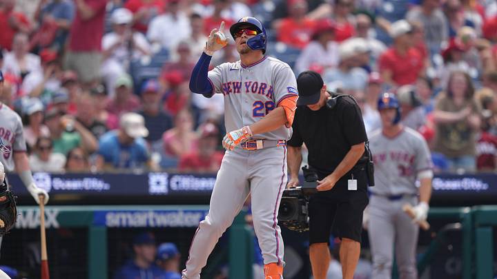 Jul 18, 2026; Philadelphia, Pennsylvania, USA; New York Mets outfielder Tyrone Taylor (28) rounds the bases after hitting a two-run home run against the Philadelphia Phillies in the second inning at Citizens Bank Park. Mandatory Credit: Kyle Ross-Imagn Images