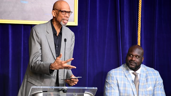 Mar 24, 2017; Los Angeles, CA, USA; Kareem Abdul-Jabbar (left) speaks during ceremony to unveil statue of Los Angeles Lakers former center Shaquille O'Neal at Staples Center. Mandatory Credit: Kirby Lee-Imagn Images