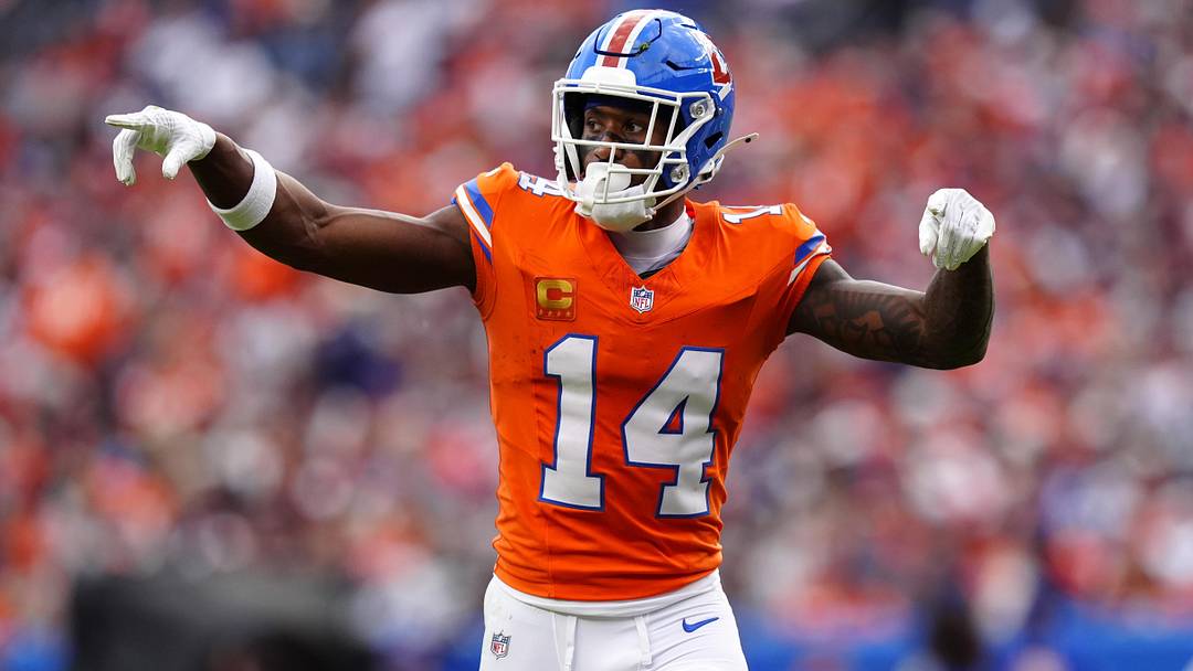 Oct 26, 2025; Denver, Colorado, USA; Denver Broncos wide receiver Courtland Sutton (14) reacts in the fourth quarter against the Dallas Cowboys at Empower Field at Mile High. 