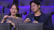  Los Angeles Dodgers Shohei Ohtani (17) and his wife Mamiko Tanaka attends the game between the Los Angeles Lakers and the Portland Trail Blazers at Crypto.com Arena.
