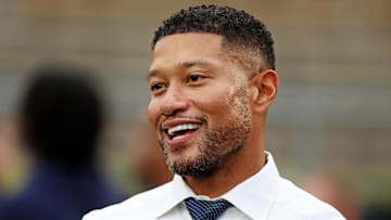 Sep 13, 2025; South Bend, Indiana, USA; Notre Dame Fighting Irish head coach Marcus Freeman looks on during warmups before the game against the Texas A&M Aggies at Notre Dame Stadium. 