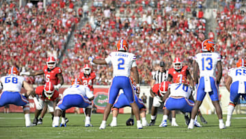 Nov 2, 2024; Jacksonville, Florida, USA; Florida Gators quarterback DJ Lagway (2) takes the snap against the Georgia Bulldogs during the first half at EverBank Stadium. Mandatory Credit: Melina Myers-Imagn Images