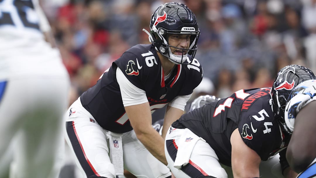 Former Houston Texans quarterback Kedon Slovis (16) at the line of scrimmage during the third quarter against the Carolina Panthers at NRG Stadium.