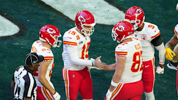Patrick Mahomes and Travis Kelce celebrate a TD in the Super Bowl win vs the Eagles