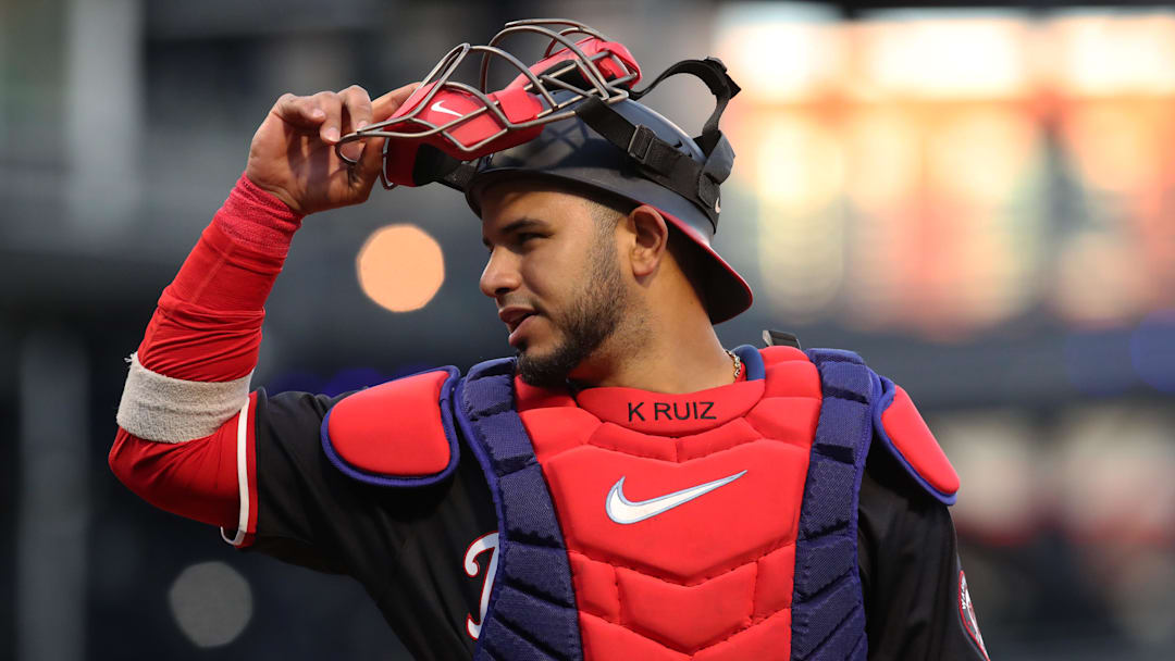 Apr 16, 2025; Pittsburgh, Pennsylvania, USA; Washington Nationals catcher Keibert Ruiz (20) speaks with the home plate umpire against the Pittsburgh Pirates during the fourth inning at PNC Park. Apr 16, 2025; Pittsburgh, Pennsylvania, USA; Washington Nationals catcher Keibert Ruiz (20) speaks with the home plate umpire against the Pittsburgh Pirates during the fourth inning at PNC Park.