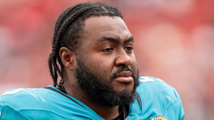 September 28, 2025; Santa Clara, California, USA; Jacksonville Jaguars guard Chuma Edoga (55) after the game against the San Francisco 49ers at Levi's Stadium. Mandatory Credit: Kyle Terada-Imagn Images