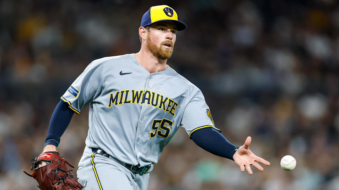 Sep 23, 2025; San Diego, California, USA; Milwaukee Brewers starting pitcher Bruce Zimmermann (55) throws to first for an out during the fifth inning against the San Diego Padres at Petco Park. Mandatory Credit: David Frerker-Imagn Images
