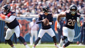 Chicago Bears quarterback Caleb Williams (18) drops back to pass against the Tennessee Titans in the first quarter of their game at Soldier Field in Chicago, Ill., Sunday, Sept. 8, 2024.