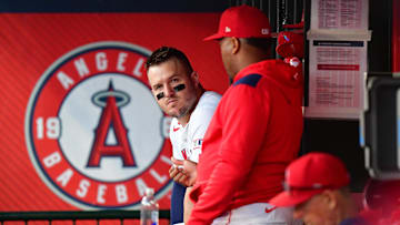 Jun 10, 2025; Anaheim, California, USA; Los Angeles Angels designated hitter Mike Trout (27) watches game action against the Athletics during the fifth inning at Angel Stadium. Mandatory Credit: Gary A. Vasquez-Imagn Images