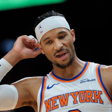 Oct 26, 2025; Miami, Florida, USA; New York Knicks guard Josh Hart (3) reacts against the Miami Heat during the first quarter at Kaseya Center. Mandatory Credit: Sam Navarro-Imagn Images