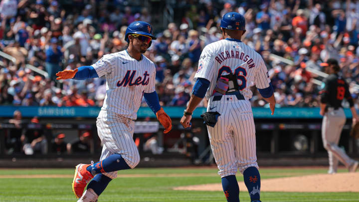 Aug 21, 2024; New York City, New York, USA;  New York Mets shortstop Francisco Lindor (12) rounds the bases after hitting a solo home run during the third inning against the Baltimore Orioles at Citi Field.