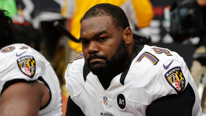 Oct 21, 2012; Houston, TX, USA; Baltimore Ravens offensive tackle Michael Oher (74) on the bench against the Houston Texans in the fourth quarter at Reliant Stadium. The Texans defeated the Ravens 43-13. Mandatory Credit: Brett Davis-USA TODAY Sports