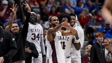 Mar 12, 2025; Nashville, TN, USA; Mississippi State Bulldogs bench reacts after a made three point basket  against the LSU Tigers during the second half at Bridgestone Arena. Mandatory Credit: Steve Roberts-Imagn Images